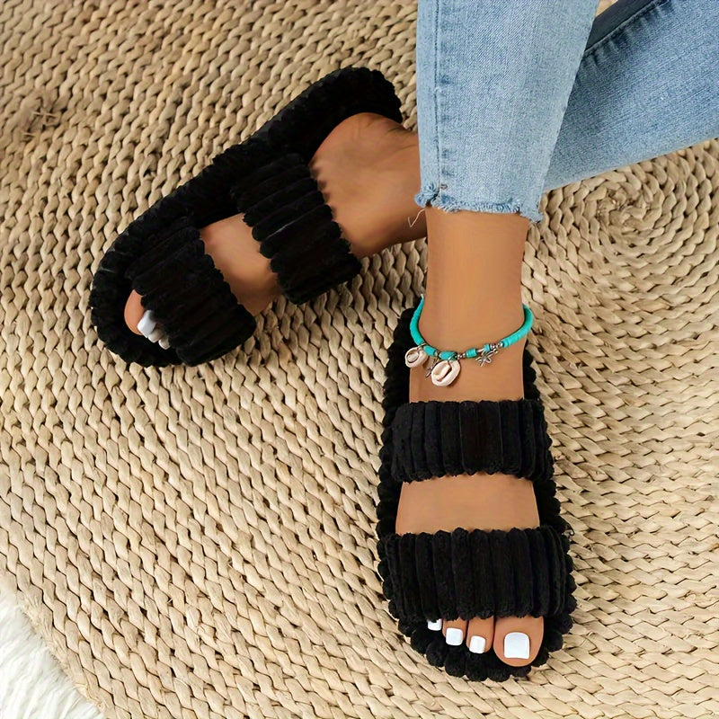 Elegant Women's Plush Slippers with Warm Lining - Striped Open Toe, Non-Slip EVA Sole, Cozy Indoor Comfort